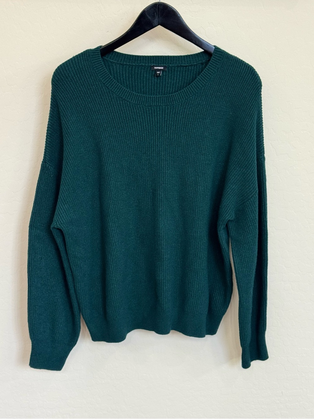 Express Junebug Dark Green Ribbed Knit Crewneck Sweater Relaxed Size L Large